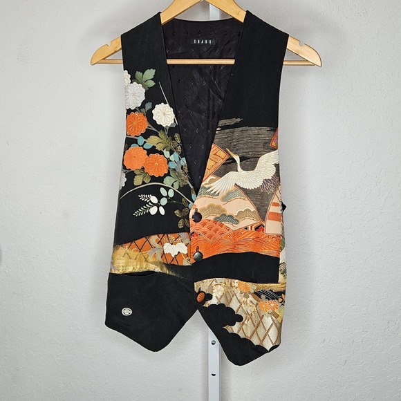 VTG Onano Silk Japanese Kimono Patchwork Vest Floral Embroidery Waistcoat L 2